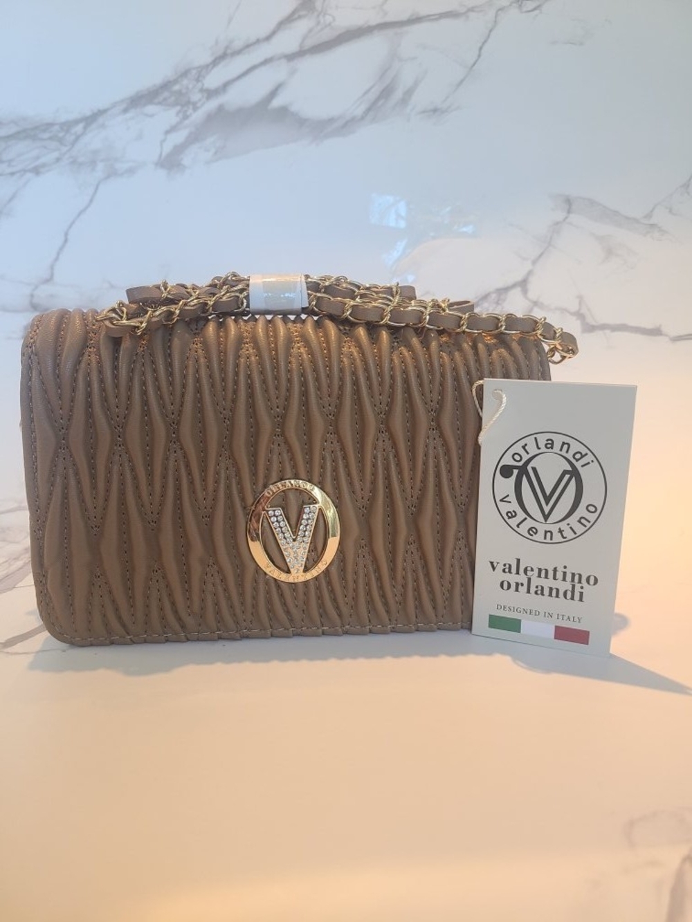 Valentino Orlandi Taupe Small Quilted Leather Shoulder Bag with Gold Chain